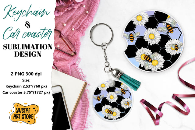 Bee Keychain sublimation. Bee Car coaster sublimation. Sublimation Yustaf Art Store 