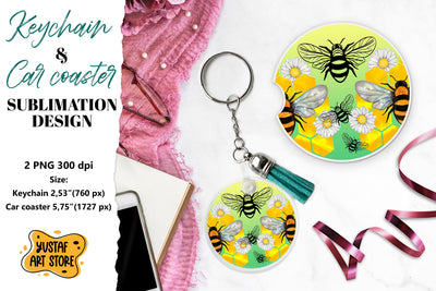 Bee Keychain sublimation. Bee Car coaster sublimation. Sublimation Yustaf Art Store 