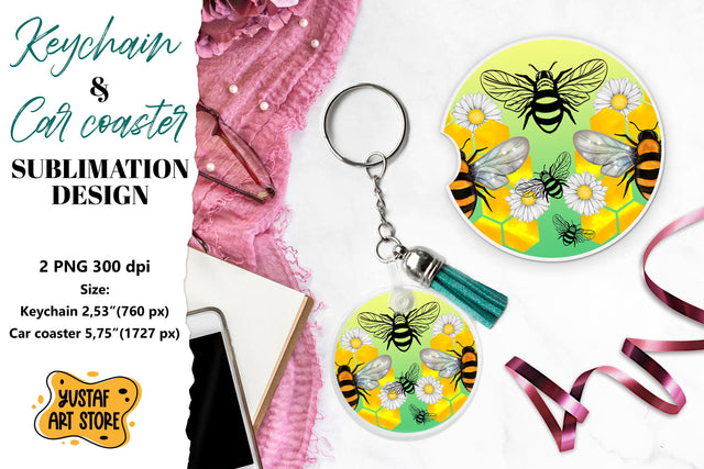 Bee Keychain sublimation. Bee Car coaster sublimation. Sublimation Yustaf Art Store 