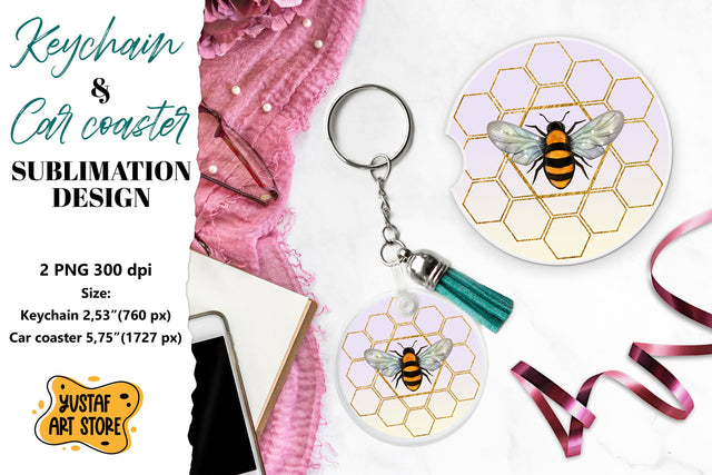 Bee Keychain sublimation. Bee Car coaster sublimation. Sublimation Yustaf Art Store 