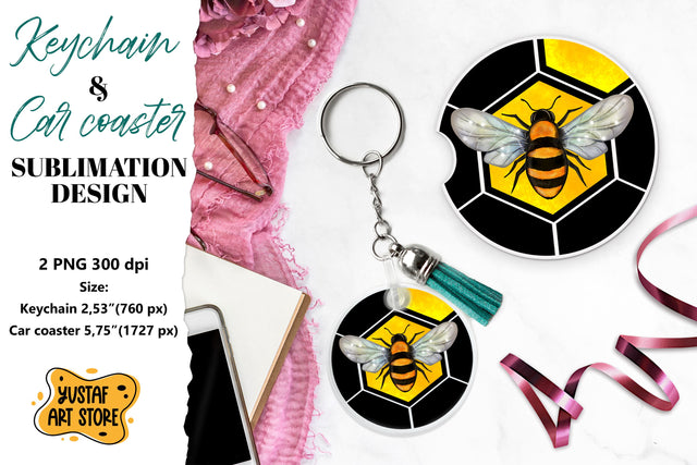 Bee Keychain sublimation. Bee Car coaster sublimation. Sublimation Yustaf Art Store 