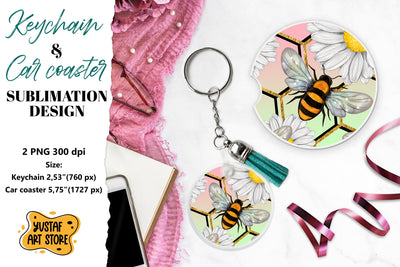 Bee Keychain sublimation. Bee Car coaster sublimation. Sublimation Yustaf Art Store 