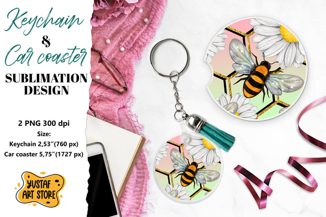 Bee Keychain sublimation. Bee Car coaster sublimation. Sublimation Yustaf Art Store 