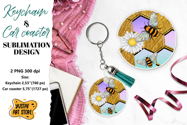 Bee Keychain sublimation. Bee Car coaster sublimation. Sublimation Yustaf Art Store 