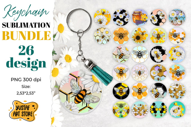 Bee Keychain Sublimation Bundle. 26 PNG round design Sublimation Yustaf Art Store 