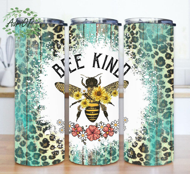 Bee Kind 20oz Skinny Tumbler, Bee Sunflower Tumbler Design, Teal Wood Leopard Tumbler Wrap, Bee Tumbler With Lid And Straw, Instant Download Sublimation AdriOP 