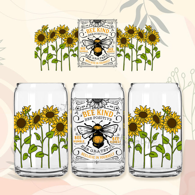 Bee Kind Bee Positive 16 oz Libbey Glass Can Tumbler Sublimation Design, Sunflower Design Digital Download PNG Sublimation PrintingLife 