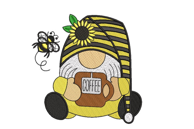 Bee kind Gnome embroidery design, Gnome with a cup of coffee , 4 sizes, Instant download Embroidery/Applique DESIGNS ArtEMByNatalia 