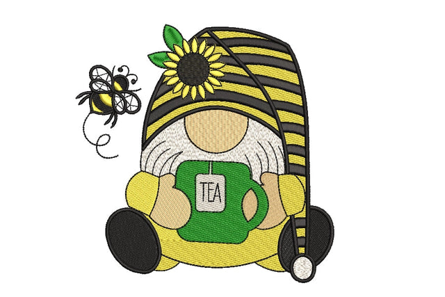 Bee kind Gnome embroidery design, Tea gnome, 4 sizes, Instant download Embroidery/Applique DESIGNS ArtEMByNatalia 