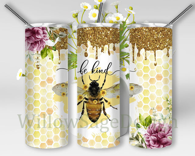 Bee Kind Tumbler PNG, Honeycomb & Sublimation Skinny Tumbler Wrap, Positive Message Tumbler Design, Honey Tumbler Sublimation Designs Sublimation WillowSageDesign 