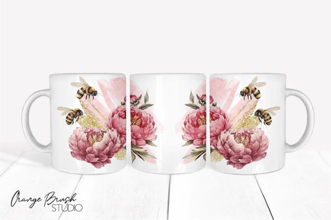 Bee Mug Sublimation Design, Bee and Flowers Mug Wrap Sublimation OrangeBrushStudio 