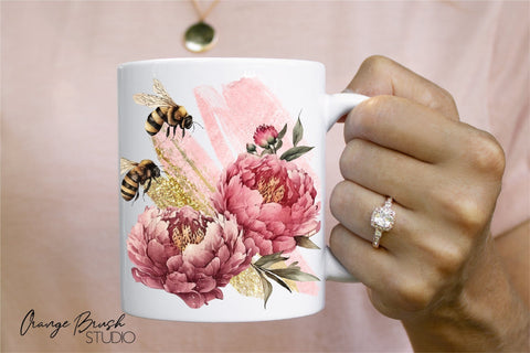 Bee Mug Sublimation Design, Bee and Flowers Mug Wrap Sublimation OrangeBrushStudio 