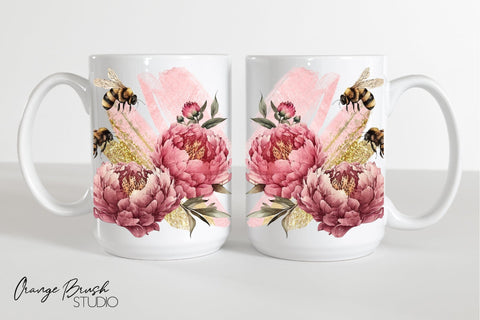 Bee Mug Sublimation Design, Bee and Flowers Mug Wrap Sublimation OrangeBrushStudio 