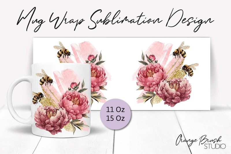 Bee Mug Sublimation Design, Bee and Flowers Mug Wrap Sublimation OrangeBrushStudio 
