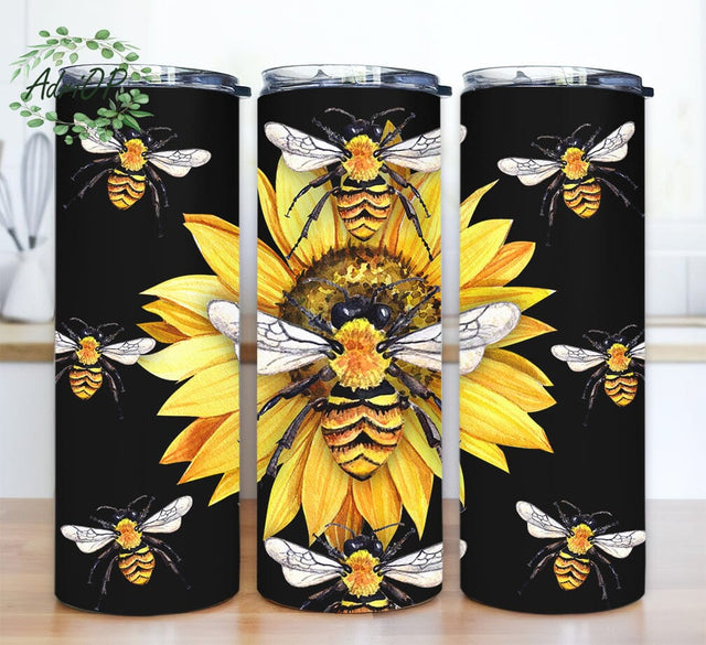 Bee Sunflower 20oz Skinny Tumbler Png, Bee Tumbler, Summer Tumbler, Black Sunflower Tumbler, Bee Sunflower Png, Animal Print Bee Sublimation AdriOP 