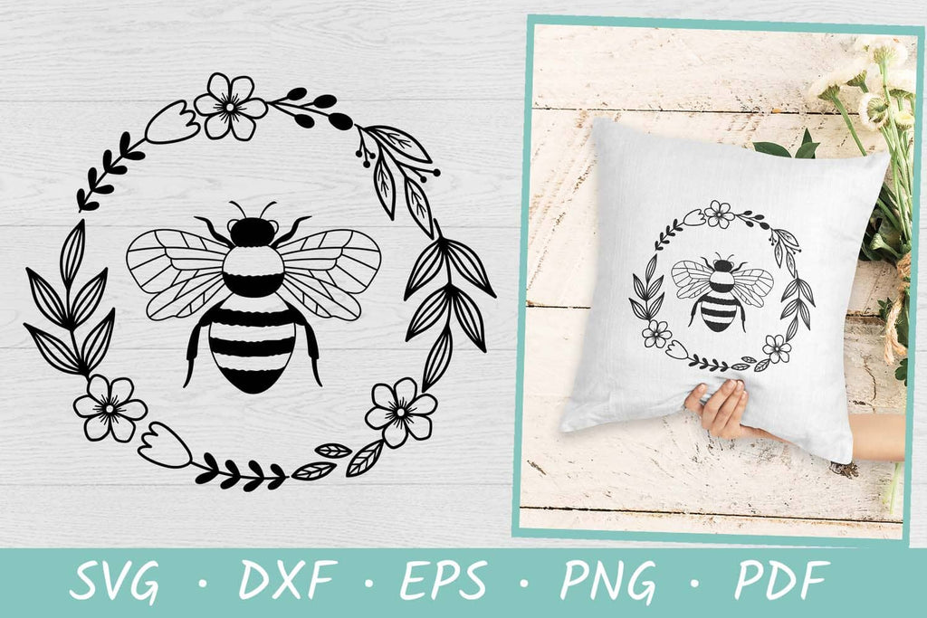 Bee SVG | Spring SVG | Round Floral Wreath SVG | Flower SVG - So Fontsy