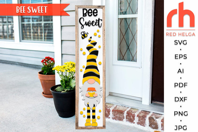 Bee Sweet SVG, Porch Board Cut File, Gnome with Honey Jar DXF, Layered Seasonal Sign SVG RedHelgaArt 