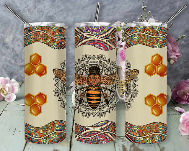 Bee Tumbler Png, Queen Bee 20oz Skinny Tumbler, Bee Mandala Design Tumbler, Bee Sublimation Design for Straight, Digital Download Sublimation DesignSVG 