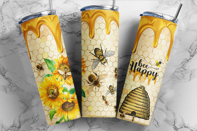 Bee Tumbler Sublimation Design, Bee Happy Sunflowers 20oz Skinny Tumbler Wraps Templates - PNG Digital Download Sublimation TumblersByPhill 