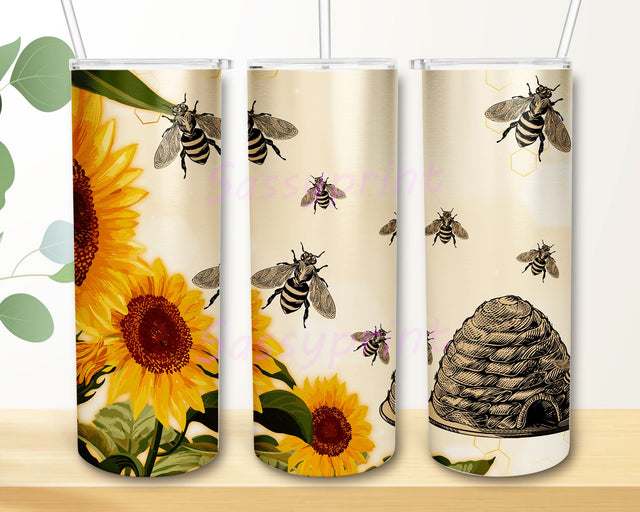 Bee Tumbler Wrap, Vintage Sunflowers 20oz Tumbler PNG, Bee with Sunflowers 20 oz Skinny Tumbler Sublimation Design Template Download PNG Sublimation sassyprint 