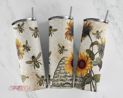 Bee Tumbler Wrap, Vintage Sunflowers 20oz Tumbler Wrap PNG, Straight and Tapered Tumbler Templates Sublimation CaldwellArt 