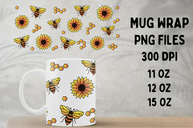 Bee with sunflowers mug sublimation wrap, 11 oz, 12 oz, 15 oz mug design Sublimation AnastasiyaArtDesign 