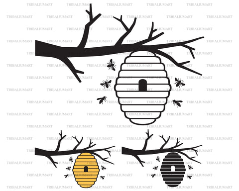 Beehive on tree branch and bees SVG TribaliumArtSF 