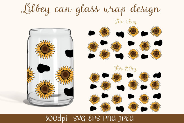 Beer can glass wrap design 16oz | Sunflower and cow spots SVG SVG LuckyTurtleArt 