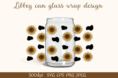 Beer can glass wrap design 16oz | Sunflower and cow spots SVG SVG LuckyTurtleArt 
