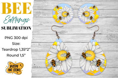 Bees and chamomile Earrings Sublimation PNG. Teardrop/Round Sublimation Yustaf Art Store 