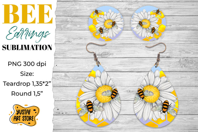 Bees and chamomile Earrings Sublimation PNG. Teardrop/Round Sublimation Yustaf Art Store 