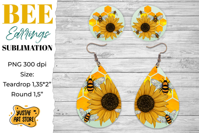 Bees and sunflower Earrings Sublimation PNG. Teardrop/Round Sublimation Yustaf Art Store 