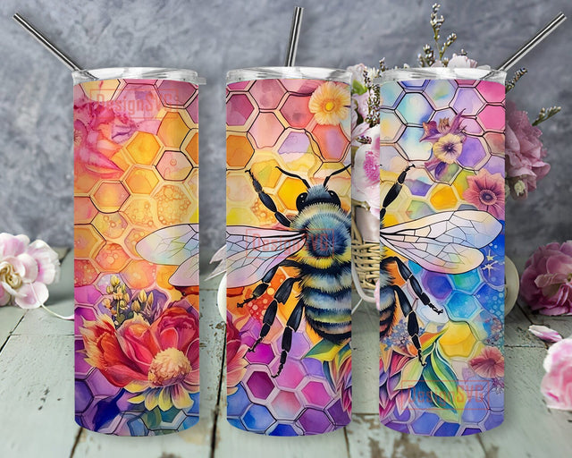 Bees Rainbows Watercolor Flower 20oz Skinny Tumbler Png, Bees Rainbows Watercolor Tumbler, Bees Flower Tumbler, Rainbow Bee Flower Tumbler Png Sublimation DesignSVG 