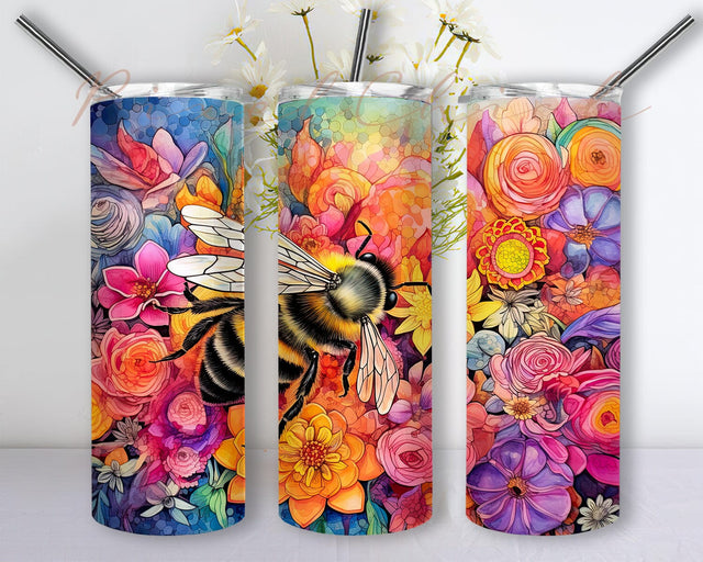 Bees Rainbows Watercolor Flower 20oz Skinny Tumbler Png, Rainbows Watercolor Flower, Bee Floral Embroidery Tumbler, Bee Floral Tumbler Wrap Sublimation PixelChick 