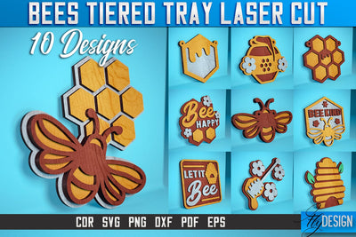 Bees Tiered Tray Laser Cut SVG | Tiered Tray Laser Cut SVG Design | CNC Files SVG Fly Design 
