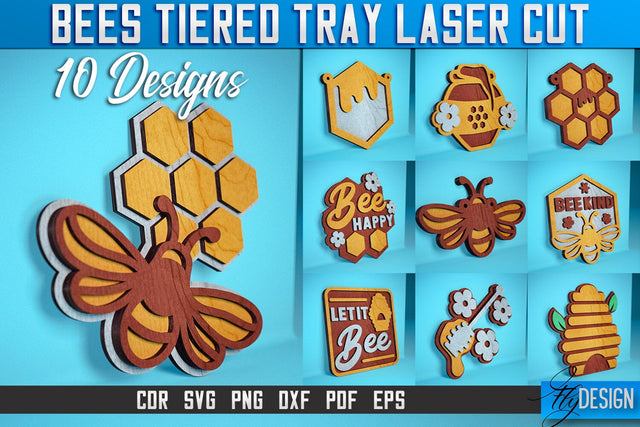 Bees Tiered Tray Laser Cut SVG | Tiered Tray Laser Cut SVG Design | CNC Files SVG Fly Design 