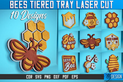 Bees Tiered Tray Laser Cut SVG | Tiered Tray Laser Cut SVG Design | CNC Files SVG Fly Design 