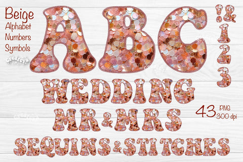 Beige Wedding Alphabet PNG Glitter Letters Numbers Symbols Baby Glitter Sequins and Stitches Sublimation Createya Design 