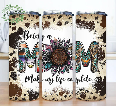 Being A Mom Make My Life Complete 20oz Skinny Tumbler Png, Sunflower Leopard Mom Tumbler, Western Sunflower Tumbler for Mother's Day, Gift for Mom Sublimation AdriOP 