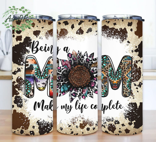 Being A Mom Make My Life Complete 20oz Skinny Tumbler Png, Sunflower Leopard Mom Tumbler, Western Sunflower Tumbler for Mother's Day, Gift for Mom Sublimation AdriOP 