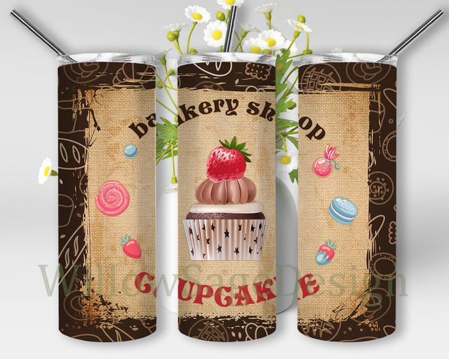 Bekery Shop Cupcake 20oz Tumbler Wrap, Bakery Tumbler Template, Gift for Baker, Strawberry Cupcake Tumbler Png, Strawberry Muffins Sublimation Design, Digital Download Sublimation WillowSageDesign 