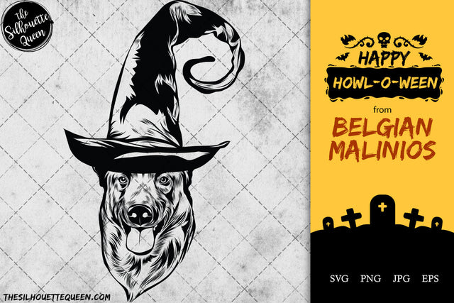 Belgian Malinios dog svg portrait clipart vector graphic art Witch hat Halloween dog Cricut cut file cuttable design SVG Loveleen Kaur 