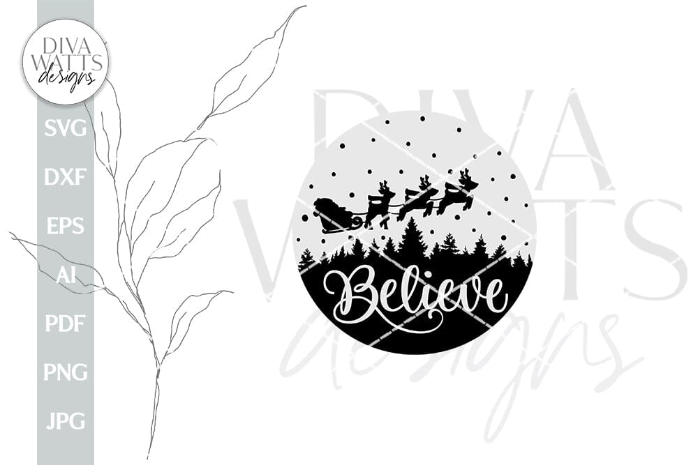 Believe SVG | Santa in Sleigh With Tree Silhouette Design - So Fontsy