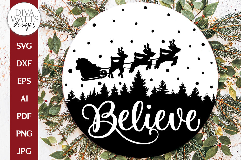 Believe SVG | Santa in Sleigh With Tree Silhouette Design - So Fontsy