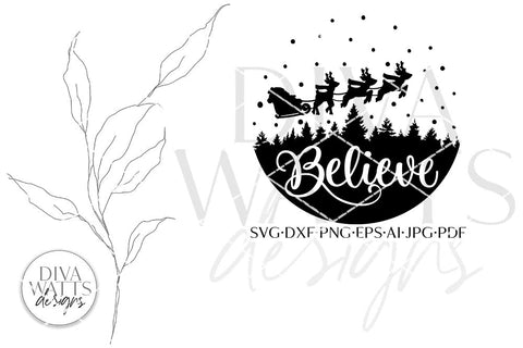 Believe SVG | Santa in Sleigh With Tree Silhouette Design SVG Diva Watts Designs 