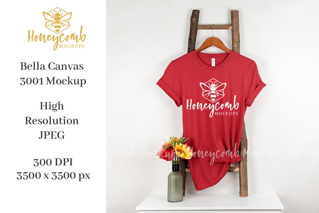 Bella Canvas 3001 Canvas Red Mockup, Hanging Ladder Mockup, Women's T-Shirt Mockup Mock Up Photo Honeycomb Mockups 