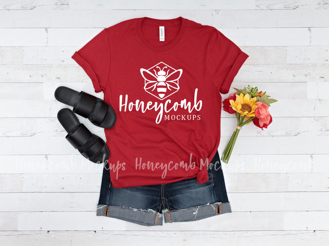 Bella Canvas 3001 Canvas Red Mockup, Red T-Shirt Mockup, Valentines Day Mockup Mock Up Photo Honeycomb Mockups 