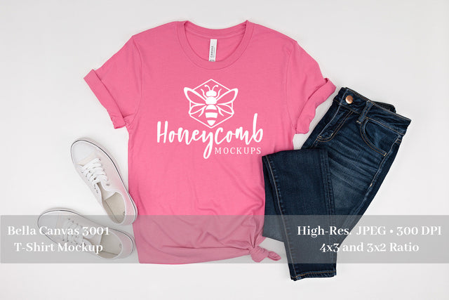 Bella Canvas 3001 Charity Pink Mockup, Women's Pink T-Shirt Mockup Mock Up Photo Honeycomb Mockups 