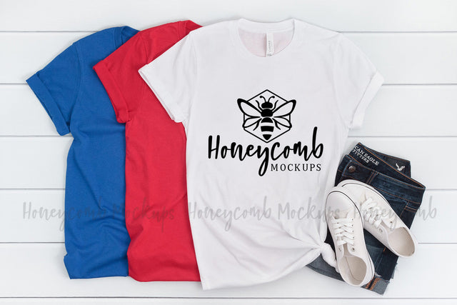 Bella Canvas 3001 Color Showcase, 4th of July Mockup, Red White and Blue, Patriotic Mockup Mock Up Photo Honeycomb Mockups 
