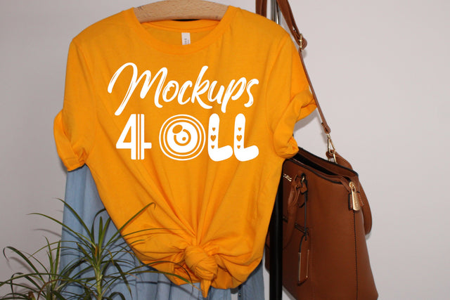 Bella Canvas 3001 Gold Mockup | Bella Canvas 3001 Mockup | Bella Canvas Gold Mockup | Hanging T Shirt Mockup | Bella Canvas T Shirt Mockup Mock Up Photo ArtStudio 